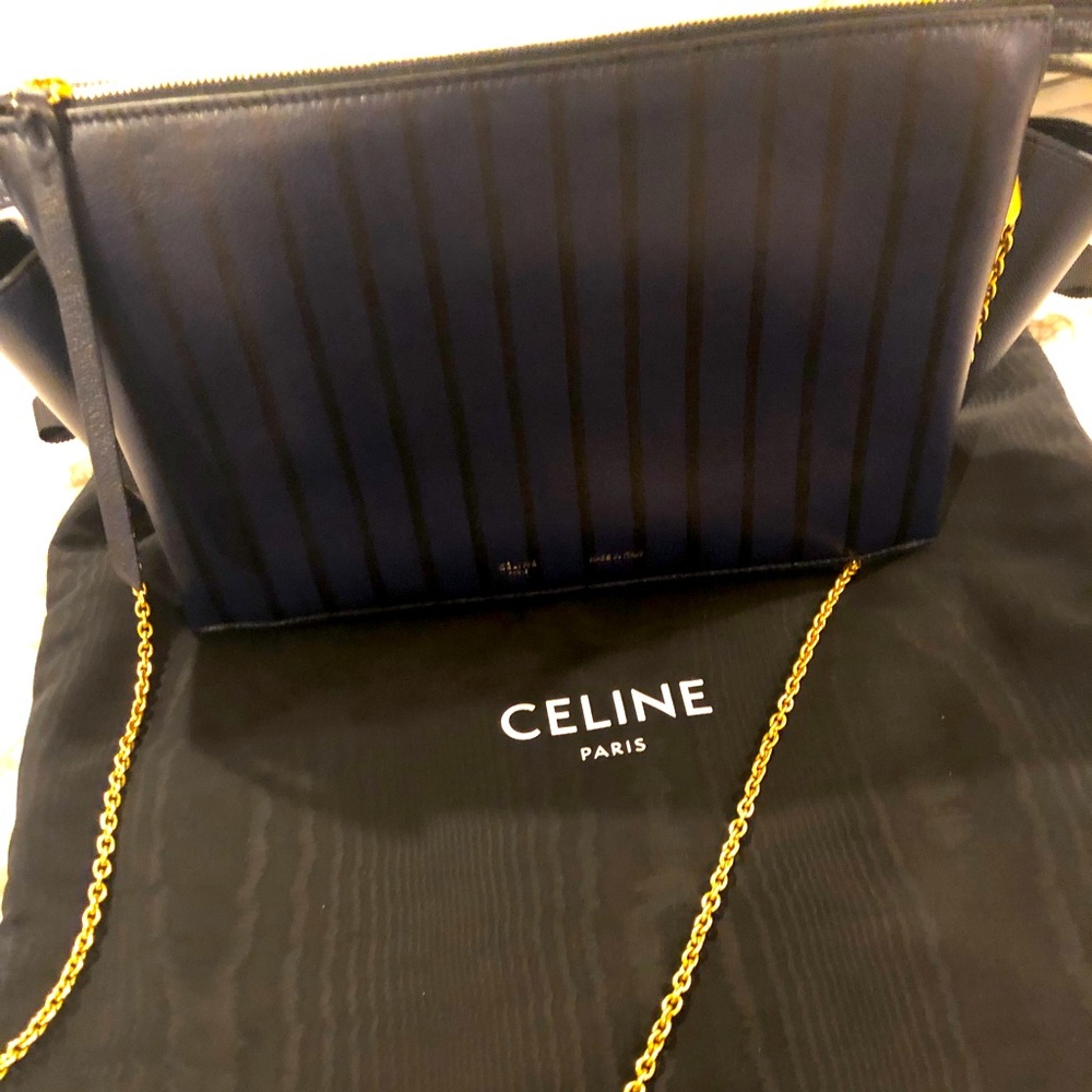 BRAND NEW! Never used blue/black Celine Small Trapeze Handbag w/gold chain strap